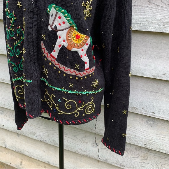 Vintage Black Beaded Felt Appliqué Crochet V-Neck Zip Front Long Sleeve Sweater - Picture 10 of 16